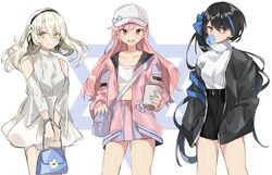  3girls absurdres aogisa bad_id bad_twitter_id bag black_hair black_jacket blonde_hair blue_hair blush braid breasts casual commentary country_connection cowboy_shot dress flower girls&#039;_frontline hair_between_eyes hair_flower hair_ornament hairband hairclip hat hexagram highres holding holding_bag israel jacket jericho_(girls&#039;_frontline) long_hair looking_at_viewer multicolored_hair multiple_girls negev_(girls&#039;_frontline) off_shoulder pink_hair pink_jacket purple_eyes red_eyes ribbon sidelocks smile star_of_david streaked_hair white_dress white_headwear x95_(girls&#039;_frontline) yellow_eyes 