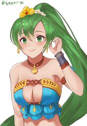  bikini blue_bikini breasts choker cleavage closed_mouth commentary earrings english_commentary female fire_emblem fire_emblem:_the_blazing_blade fire_emblem_heroes flower green_eyes green_hair hair_flower hair_ornament highres jewelry long_hair lyn_(fire_emblem) lyn_(summer)_(fire_emblem) ponytail simple_background smile solo spiffydc swimsuit twitter_username upper_body white_background 