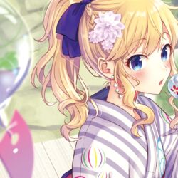  bekkourico blonde_hair blue_eyes blue_ribbon blush braid breasts commentary_request earrings female flower from_side hair_flower hair_ornament idolmaster idolmaster_cinderella_girls japanese_clothes jewelry kimono long_hair looking_at_viewer ohtsuki_yui open_mouth ponytail ribbon solo wavy_hair white_flower yukata 