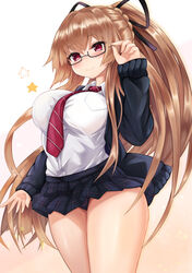  azur_lane black-framed_eyewear black_cardigan black_ribbon black_skirt blush braid breasts brown_background brown_hair cardigan closed_mouth collared_shirt commentary_request diagonal-striped_clothes diagonal-striped_necktie dress_shirt female fingernails glasses gradient_background hair_between_eyes hair_ribbon highres large_breasts long_hair long_sleeves necktie official_alternate_costume open_cardigan open_clothes panties plaid plaid_skirt pleated_skirt purple_panties red_eyes red_necktie ribbon ryara semi-rimless_eyewear shirt skirt sleeves_past_wrists smile solo star_(symbol) striped_clothes striped_necktie swiftsure_(azur_lane) swiftsure_(study_hall_cyclamen)_(azur_lane) under-rim_eyewear underwear very_long_hair white_background white_shirt 