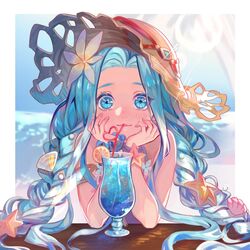  :3 armlet bare_shoulders blue_eyes blue_hair blurry blurry_background blush braid commentary crazy_straw cup day dress drink drinking drinking_glass drinking_straw elbows_on_table english_commentary female flower food fruit glass granblue_fantasy hair_flower hair_ornament hands_on_own_cheeks hands_on_own_face hat head_rest heart_straw highres hurricane_glass lemon lemon_slice long_hair looking_at_viewer lyria_(daughter_of_pearl)_(granblue_fantasy) lyria_(granblue_fantasy) official_alternate_costume outdoors oyakorodesu parted_lips pov pov_across_table scrunchie shell_hair_ornament sitting smile solo star_(symbol) star_hair_ornament sun_hat table twin_braids upper_body very_long_hair white_dress wrist_scrunchie 