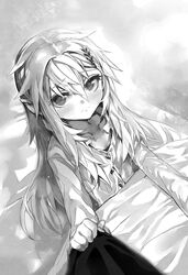  closed_mouth collarbone death_march_kara_hajimaru_isekai_kyousoukyoku dress_shirt female frown greyscale hair_intakes hair_ornament highres long_hair long_sleeves looking_at_viewer mia_(death_march) monochrome non-web_source novel_illustration official_art on_bed pointy_ears pov shirt shri sitting solo under_covers very_long_hair 