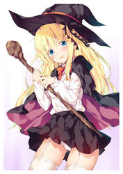  black_cape black_hat black_skirt blonde_hair blue_eyes blush bow brown_cape cape colored_eyelashes commentary_request female hat highres holding holding_staff hood hood_down hooded_cape juliet_persia kishuku_gakkou_no_juliet long_hair long_sleeves looking_at_viewer multicolored_cape multicolored_clothes open_mouth panties pleated_skirt puffy_long_sleeves puffy_sleeves red_bow shirt skirt sleeves_past_wrists solo staff sweat unacchi_(nyusankin) underwear very_long_hair white_panties white_shirt witch_hat 