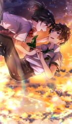  1boy :d belt belt_buckle black_hair blue_eyes bow bowtie brown_belt brown_eyes brown_hair brown_pants buckle cloud collared_shirt commentary_request couple dress_shirt eye_contact female green_bow green_neckwear grey_skirt hair_ribbon highres kimi_no_na_wa. looking_at_another mady_(madine08260) miyamizu_mitsuha necktie open_mouth outdoors pants plaid plaid_bow plaid_neckwear pleated_skirt red_bow red_bowtie red_ribbon ribbon school_uniform shirt short_hair short_ponytail short_sleeves skirt smile straight tachibana_taki tied_hair white_shirt wing_collar 