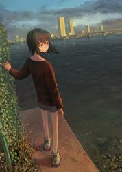  bridge brown_hair brown_sweater building city cityscape closed_mouth cloud cloudy_sky commentary_request female fence floating_hair grey_eyes grey_shorts highres long_sleeves looking_to_the_side medium_hair ocean original outdoors plant shoes short_shorts shorts sky skyline skyscraper sneakers solo standing sweater tokunaga_akimasa water white_footwear wind 