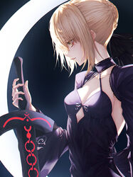  andi_1021 artoria_pendragon_(fate) bad_id bad_pixiv_id black_sleeves blonde_hair braid braided_bun breasts cleavage closed_mouth clothing_cutout collarbone commentary_request crescent_moon diamond_cutout excalibur_morgan_(fate) fate/stay_night fate_(series) female from_side green_eyes hair_between_eyes hair_bun highres holding holding_sword holding_weapon looking_down medium_breasts moon photoshop_(medium) profile saber_alter short_hair shrug_(clothing) sidelocks single_hair_bun solo sword upper_body weapon 