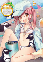  bikini bird blue_headwear blue_shirt boots breasts brown_eyes female hat highres knee_up legs long_hair navel no_pants open_clothes open_mouth open_shirt original outdoors penguin photoshop_(medium) pink_hair rubber_boots senmen_kinuko shirt sitting small_breasts smile swimsuit thighs twintails water whistle whistle_around_neck white_bikini yellow_footwear 