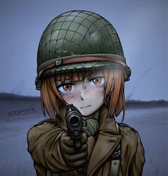  aiming aiming_at_viewer artist_name blunt_bangs blurry blurry_background breath brown_eyes brown_gloves brown_hair brown_jacket chin_strap closed_mouth collared_jacket combat_helmet commentary depth_of_field female freckles girls_und_panzer gloves gun handgun helmet highres holding holding_gun holding_weapon jacket looking_at_viewer m1911 m1_helmet military military_jacket military_uniform nishizumi_miho original outdoors sanpaku short_hair soldier solo uniform upper_body vkontakte_username wavy_mouth weapon web_address winter world_war_ii zap-nik 