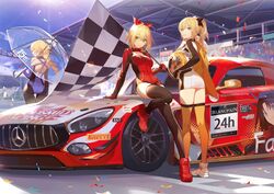  3girls ahoge ankle_boots artoria_pendragon_(fate) ask_(askzy) ass bad_id bad_twitter_id black_thighhighs blonde_hair blue_eyes blue_ribbon blue_sky blush boots braid breasts car checkered_flag circuit_de_spa-francorchamps cleavage closed_mouth cloud commentary_request confetti day decal elbow_gloves fate/apocrypha fate/extra fate/grand_order fate/unlimited_codes fate_(series) flag full_body gloves goodsmile_racing green_eyes gt_world_challenge_europe hair_ribbon holding holding_flag holding_umbrella intercontinental_gt_challenge itasha jacket jeanne_d&#039;arc_(fate) jeanne_d&#039;arc_(type-moon_racing)_(fate) large_breasts leotard long_hair looking_at_viewer looking_back mercedes-benz mercedes-benz_amg_gt motor_vehicle multiple_girls nero_claudius_(fate) nero_claudius_(fate/extra) nero_claudius_(type-moon_racing)_(fate) official_alternate_costume official_art open_mouth orange_legwear outdoors ponytail product_placement purple_eyes race_queen race_vehicle racecar red_footwear red_ribbon ribbon saber_(fate) saber_(type-moon_racing)_(fate) short_jumpsuit sidelocks single_braid sitting sitting_on_car sky smile sports_car thighhighs tohsaka_rin umbrella unworn_jacket vehicle_focus very_long_hair 