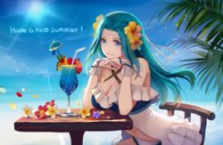  aqua_hair arms_on_table artist_name beach blue_eyes blue_sky breasts cleavage commentary_request day english_text female fiora_(fire_emblem) fiora_(summer)_(fire_emblem) fire_emblem fire_emblem:_the_blazing_blade fire_emblem_heroes flower hair_flower hair_intakes hair_ornament konfuzikokon long_hair looking_at_viewer navel outdoors palm_tree sitting sky smile solo sunlight swimsuit table tree tropical 