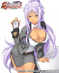  belt bibyo black_jacket black_skirt blazer breasts cleavage commentary_request dark-skinned_female dark_skin female jacket koihime_musou kougai large_breasts long_hair pencil_skirt police_badge purple_eyes purple_hair shirt skirt smile solo table thighs very_long_hair white_shirt 