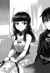  1boy :d blunt_bangs carriage closed_mouth collarbone death_march_kara_hajimaru_isekai_kyousoukyoku dress female greyscale highres holding long_hair lulu_(death_march) medium_dress monochrome neck_ribbon non-web_source novel_illustration official_art open_mouth ribbon shri sitting sleeveless sleeveless_dress smile solo_focus sundress suzuki_ichirou_(death_march) 