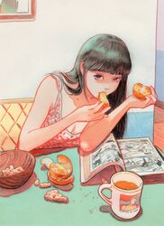  black_eyes black_hair blunt_bangs book bowl breasts cleavage commentary cup drink eating eyelashes female food fruit hair_flowing_over highres holding holding_food indoors leaning_to_the_side little_thunder long_hair looking_at_viewer looking_up mandarin_orange manga_(object) mug open_book orange_peel original peanut print_mug sanpaku sleeveless solo spill teeth upper_body 