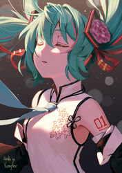  aqua_hair aqua_necktie bare_shoulders black_background closed_eyes commentary detached_sleeves female floral_print flower hair_flower hair_ornament hair_ribbon hatsune_miku hatsune_miku_expo headphones kyou-chan long_hair lucky_orb_(vocaloid) necktie parted_lips peony_(flower) photoshop_(medium) ribbon shirt shoulder_tattoo sleeveless sleeveless_shirt solo tattoo twintails upper_body very_long_hair vocaloid 