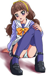  amanogawa_kirara black_footwear blue_panties blunt_bangs brown_hair commentary_request female fingernails full_body go!_princess_precure hairband layered_skirt long_hair looking_at_viewer low_twintails mitamura-kun_(landcell) noble_academy_school_uniform open_mouth panties pantyshot pleated_skirt precure purple_eyes purple_thighhighs school_uniform serafuku sitting skirt solo thighhighs twintails underwear yellow_hairband 