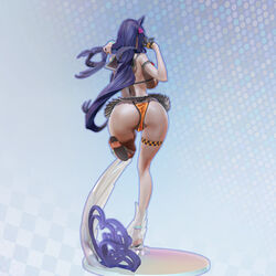  3d absurdres animal_ears anklet ass back bikini black_gloves breasts choker commentary_request female full_body gloves hair_between_eyes highres jewelry large_breasts leslyzerosix long_hair looking_at_viewer mahou_shoujo_(raita) microskirt partially_visible_vulva photoshop_(medium) purple_hair sailor_collar sandals skirt solo suzuhara_misae sweat swimsuit thigh_strap yellow_bikini zbrush_(medium) 