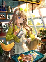  apron blue_eyes brown_hair cafe cappuccino coffee coffee_filter coffee_grinder coffee_mug collarbone commentary_request company_name copyright_name counter cup dated day drawer dress female floral_print flower flower_pot food frilled_apron frills fruit furyou_michi_~gang_road~ glass green_jacket hair_flower hair_ornament hair_ribbon hairband hairclip head_tilt heart holding indoors jacket jug_(bottle) kitchen lamp latte_art long_hair long_sleeves melon mifune_totori mug official_art open_clothes open_jacket plant potted_plant pouring ribbon smile solo sunlight sweater teacup tob tray waffle waist_apron water watermark white_dress window window_blinds 