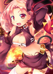  blush breasts cleavage collar female fire large_breasts looking_at_viewer midriff navel oerba_yun_fang open_mouth photoshop_(medium) pink_eyes pink_hair sekine_irie smile solo 