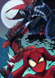  2boys battle cape cartoonized chains commentary_request crossover deadpool deadpool_(series) duel ebi_no_hito fighting green_eyes gun image_comics male_focus marvel mask moon multiple_boys photoshop_(medium) silk spawn_(comic) spawn_(spawn) spider-man spider-man_(series) spider_web spikes superhero_costume sword toon_(style) weapon white_eyes 