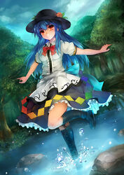  blue_hair blue_sky boots bow breasts cloud commentary_request cross-laced_footwear day dutch_angle female food forest fruit harusame-r hat highres hinanawi_tenshi lace-up_boots leg_up long_hair looking_at_viewer medium_breasts nature outdoors outstretched_arms peach pond puffy_short_sleeves puffy_sleeves red_eyes rock sash shirt short_sleeves skirt sky solo splashing standing standing_on_one_leg touhou tree very_long_hair wading 