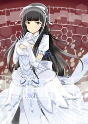  aoki_hagane_no_arpeggio black_eyes black_hair cleavage_cutout clothing_cutout commentary_request dress elbow_gloves female gloves hair_ribbon highres ju_(old505) long_hair ribbon solo white_dress white_gloves yamato_(aoki_hagane_no_arpeggio) 