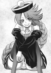  braid commentary_request detached_sleeves eyebrows eyes_visible_through_hair female greyscale grin hat jiangshi long_hair monochrome monster_girl monster_musume_no_iru_nichijou panties pantyshot partial_commentary qingdai_guanmao ringed_eyes sharp_teeth shiishii single_braid sitting smile solo teeth thighhighs trf_honeycomb underwear very_long_hair zombie 