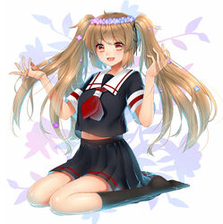  bad_id bad_pixiv_id banned_artist belly_peek black_serafuku blonde_hair flower flower_wreath hair_ribbon head_wreath hydrangea kantai_collection long_hair murasame_(kantai_collection) neckerchief open_mouth partially_submerged pleated_skirt red_eyes ribbon school_uniform serafuku shiny shiny_skin shirt short_sleeves simple_background sitting skirt smile solo tsukiriran twintails very_long_hair wariza white_background 