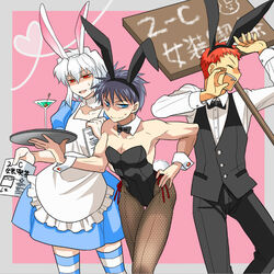  3boys akariya_kuubu alternate_costume animal_ears blue_eyes bow bowtie commentary_request crossdressing detached_collar dress enmaided inui_arihiko maid maid_headdress male_focus male_playboy_bunny martini multiple_boys nanaya_shiki otoko_no_ko pantyhose playboy_bunny rabbit_ears rabbit_tail red_eyes red_hair ribbon short_hair tail tan thighhighs tohno_shiki_(2) tray tsukihime vest white_hair 