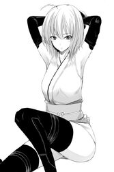  adjusting_hair ahoge armpits bad_id bad_pixiv_id blush commentary_request detached_sleeves fate_(series) female greyscale koha-ace looking_at_viewer monochrome obi okita_souji_(fate) okita_souji_(koha-ace) sash shima-shuu solo thighhighs thighs 