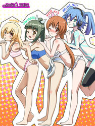  4girls ;d aqua_eyes asumi_kana awa barefoot bikini bikini_skirt blonde_hair blue_hair blush breasts brown_eyes brown_hair copyright_name crossover ene_(kagerou_project) frilled_bikini frills full-face_blush green_hair hand_on_another&#039;s_shoulder hand_on_own_hip headphones ikkyuu_tensai kagerou_project kanojo_ga_flag_wo_oraretara large_breasts long_hair mole mole_under_eye multiple_girls nisekoi one_eye_closed open_mouth orange_eyes outline ponytail ryuugajou_nanana_no_maizoukin sarong season_connection shoukanji_kikuno smile striped_bikini striped_clothes swimsuit tachibana_marika thighhighs voice_actor_connection yellow_eyes 