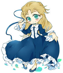  absurdres blonde_hair blue_dress blush choker commentary_request dress erina_pendleton female full_body green_eyes high_heels highres jojo_no_kimyou_na_bouken long_hair phantom_blood ribbon scythe-of-petals skirt_hold solo 