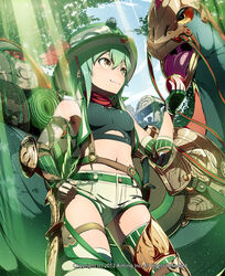  apple backpack bad_id bad_pixiv_id bag brown_eyes closed_mouth commentary_request dated dinosaur female food fruit green_hair hat helmet knife kyousin light_rays looking_away lord_of_knights midriff navel official_art open_mouth photoshop_(medium) pith_helmet pouch saddle saddlebags sheath sheathed shorts sleeping_bag solo tongue watermark 