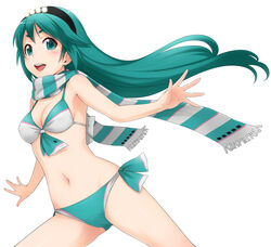  bikini commentary_request e5_hayabusa female green_eyes green_hair ha-ru hairband long_hair original personification scarf shinkansen solo swimsuit train very_long_hair 