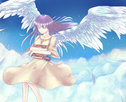  above_clouds alternate_costume bird_wings blue_sky book brooch character_name closed_eyes cloud collarbone commentary_request crescent day dress feathers female flying highres holding holding_book hugging_book hugging_object jewelry light_particles light_smile long_hair orinpachu patchouli_knowledge purple_hair sky solo star_(symbol) touhou wind wings 