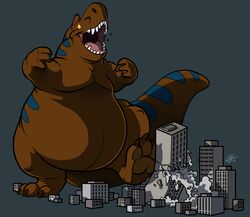  2016 3_toes 4_fingers anthro belly big_belly big_tail blue_body blue_scales blue_stripes brown_body brown_scales brown_tail building cel_shading city claws destruction digital_media_(artwork) dinosaur extinct featureless_crotch feet fingers grey_background long_tail macro macroceli_(artist) male markings multicolored_body multicolored_scales naturally_censored nude open_mouth overweight overweight_anthro overweight_male pawpads prehistoric_species reptile scales scalie shaded sharp_teeth signature simple_background solo striped_body striped_markings striped_scales striped_tail stripes tail tail_markings teeth thick_tail toe_claws toes two_tone_body two_tone_scales two_tone_tail white_tail yellow_eyes 