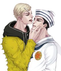  2boys birthmark black_hair blonde_hair clenched_teeth commentary_request dixie_cup_hat facial_mark grey_hair hair_ornament hairclip hand_on_another&#039;s_face hat higashikata_jobin higashikata_josuke_(jojolion) hood hoodie jewelry joestar_birthmark jojo_no_kimyou_na_bouken jojolion kukimoki male_focus military_hat multiple_boys necklace sailor spikes sweat teeth tongue tongue_out 