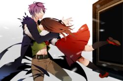  1boy commentary_request female garry_(ib) highres hug ib_(ib) ib_(kouri) jumping otani_(gloria) 