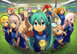  2014_fifa_world_cup 6+girls adidas ahoge androgynous aqua_eyes aqua_hair arms_up black_hair blonde_hair blue_eyes brown_hair commentary_request confetti crossed_arms cul fifa_world_cup_trophy green_eyes green_hair grin gumi hatsune_miku hide_(hideout) highres ia_(vocaloid) japan kaai_yuki kagamine_rin light_brown_hair lily_(vocaloid) long_hair looking_at_viewer megurine_luka meiko_(vocaloid) multiple_girls pink_hair pointing sf-a2_miki short_hair smile soccer soccer_uniform sportswear trophy twintails very_long_hair vocaloid voiceroid world_cup yuu_(vocaloid) yuzuki_yukari zola_project 