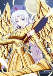  armor arrow_(projectile) blue_eyes bow_(weapon) braid commentary_request drawing_arrow feathers female full_moon gold_armor gold_saint h-new hat highres holding holding_arrow holding_bow_(weapon) holding_weapon moon nurse_cap photoshop_(medium) sagittarius_aioros saint_seiya single_braid smile solo star_(sky) touhou weapon white_hair yagokoro_eirin 