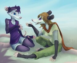  2016 american_opossum anthro blue_eyes breasts clothed clothing day digital_media_(artwork) duo felicity_caligo female fur grass hair mammal marsupial nash_(zenirix) open_mouth outside plant purple_eyes sky smile tongue virginia_opossum zenirix 