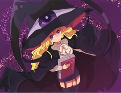  blonde_hair book bow bowtie cape cheddar-mm commentary_request female hat lilith_(yamibou) long_hair purple_background purple_hair solo witch_hat yami_to_boushi_to_hon_no_tabibito 