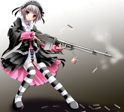  blush bullet_casings gun keychain lolita_fashion nagato_yuki namamo_nanase purple_hair smoke suzumiya_haruhi_no_yuuutsu thigh-highs 