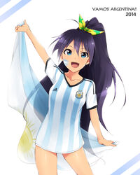  2014_fifa_world_cup :d argentina argentinian_flag argentinian_flag_print asociacion_de_futbol_argentina black_hair blue_shirt color_connection commentary_request facepaint female flag flag_print ganaha_hibiki hair_ribbon highres idolmaster idolmaster_(classic) kaiga long_hair no_pants oerba_yun_fang open_mouth photoshop_(medium) ponytail ribbon shirt smile soccer soccer_uniform solo sportswear striped_clothes striped_shirt vertical-striped_clothes vertical-striped_shirt white_shirt world_cup 