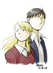  1boy alternate_costume alternate_hairstyle black_eyes black_hair blackfoxes blonde_hair blouse commentary female fullmetal_alchemist long_hair photoshop_(medium) riza_hawkeye roy_mustang shirt short_hair signature upper_body white_background 