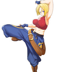  abs arm_up armpits ass belt blonde_hair blue_eyes blue_mary bob_cut boots breasts bust collarbone crop_top dumbbell erect_nipples exercise fatal_fury female female fingerless_gloves gloves halter_top halterneck highres hips king_of_fighters king_of_fighters_xi knees large_breasts leg_up legs midriff multiple_belts muscle navel nose open_mouth outstretched_arms pants short_hair skin_tight smile snk solo tank_top yaman_(yamanta_lov) 