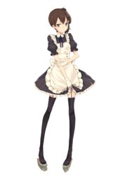  absurdres alternate_costume apron blush brown_hair commentary_request female frills full_body garter_straps gloves highres kaga_(kancolle) kantai_collection koto_suomi looking_at_viewer maid short_hair side_ponytail solo thighhighs white_background 