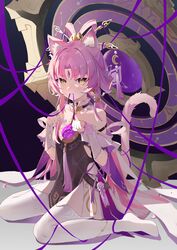  absurdres animal_ear_fluff animal_ears bare_shoulders blhazx cat_ears cat_girl cat_tail chinese_commentary closed_mouth commentary_request constellation_print dress facial_mark female forehead_jewel forehead_mark fu_xuan_(honkai:_star_rail) full_body gloves hair_ornament highres honkai:_star_rail honkai_(series) long_hair looking_at_viewer mouth_hold parted_bangs paw_pose pink_hair purple_ribbon purple_rope ribbon rope sitting solo tail tassel thighhighs wariza white_gloves white_thighhighs yellow_eyes 