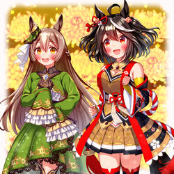  2girls :d ahoge animal_ears ascot black_hair bob_cut bow_skirt braid breasts brown_ascot brown_eyes brown_hair brown_skirt chrysanthemum cleavage_cutout clothing_cutout corset cowboy_shot cropped_jacket detached_sleeves ear_ornament floral_background flower flower_ornament french_braid frilled_shirt frilled_sleeves frills green_jacket green_skirt half_updo high-low_skirt highres horse_ears horse_girl horse_tail jacket kikuka-sho kitasan_black_(umamusume) kouhaku_nawa long_hair long_skirt long_sleeves looking_at_another medium_breasts multicolored_hair multiple_girls pleated_skirt red_eyes red_ribbon ribbon rope satono_diamond_(umamusume) shimenawa shirt short_hair skirt sleeves_past_fingers sleeves_past_wrists smile streaked_hair sugimotty_nova tail two-tone_hair umamusume underbust white_hair white_shirt 