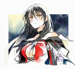  bandaged_arm bandages bare_shoulders black_choker black_hair braid breasts choker cleavage closed_mouth enoki_kino female hair_between_eyes long_hair looking_at_viewer solo tales_of_(series) tales_of_berseria torn_clothes upper_body velvet_crowe yellow_eyes 