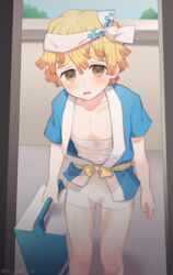  1boy absurdres agatsuma_zenitsu alternate_costume bandages bare_legs blonde_hair brown_eyes headband highres holding japanese_clothes kimetsu_no_yaiba male_focus multicolored_hair open_mouth shimya short_hair shorts solo tears white_headband white_shorts 